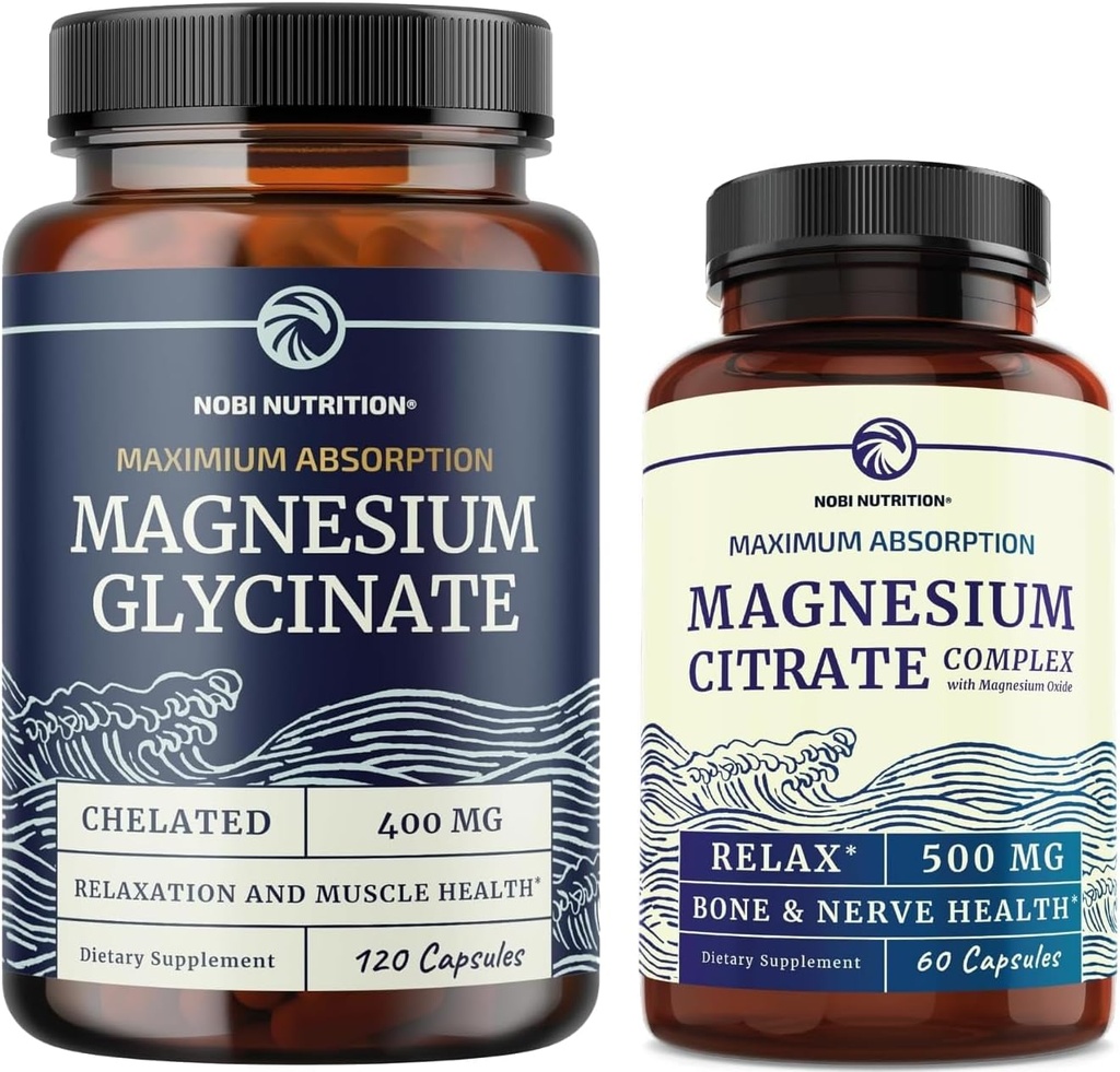 Magnesium Glycinate 400mg (120ct) & Magnesium Citrate 500 MG (60ct) | High Absorption, Calm, Relaxation, Digestion & Muscle Support | Non-GMO Vitamin and Mineral Bundle