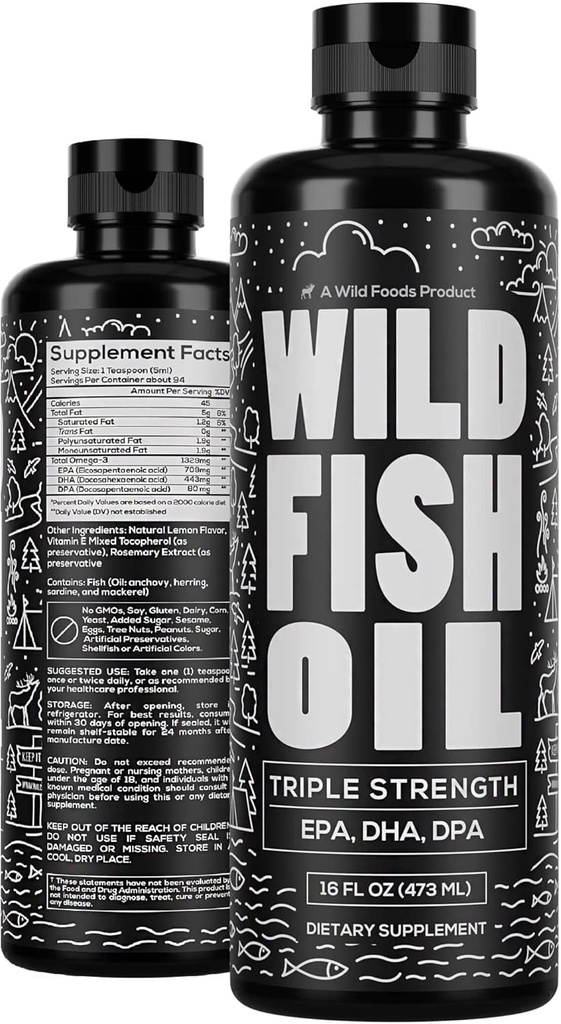 Wild Foods Liquid Omega 3 Fish Oil Supplement, Lemon, 16 oz (1 pk) | Wild Caught, Burpless, Odorless, Non-GMO, Gluten Free | DPA, DHA, EPA Triple Strength Heart & Joint Nutrition for Women & Men