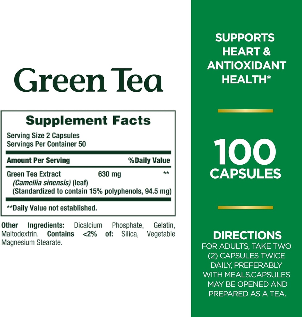 Nature's Bounty Green Tea Pills and Herbal Health Supplement, Supports Heart and Antioxidant Health, 315mg, 100 Capsules (Pack of 2)