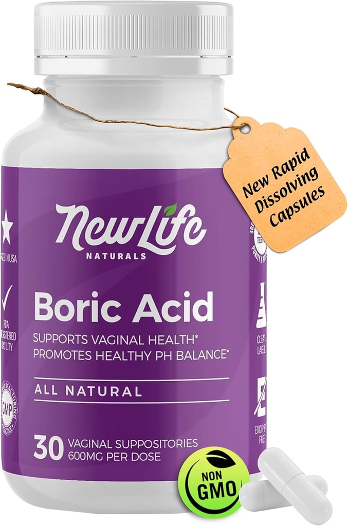 [BRSWGAI5OACBOD3L] NewLife Naturals - Boric Acid Suppositories for Women pH Balance Pills - 600mg - Feminine Care - Vaginal Odor Itching Discharge BV | Made in USA | 30 Capsules