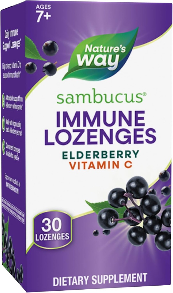 Nature's Way Sambucus Immune Lozenges, with Vitamin C, Black Elderberry Extract, Immune Support*, 30 Lozenges (Packaging May Vary)
