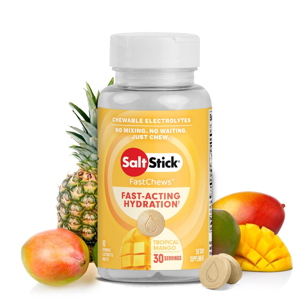 SaltStick Electrolyte FastChews - 60 Count Tropical Mango Chewable Tablets - Salt Tablets for Running and Hydration, Electrolyte Chews