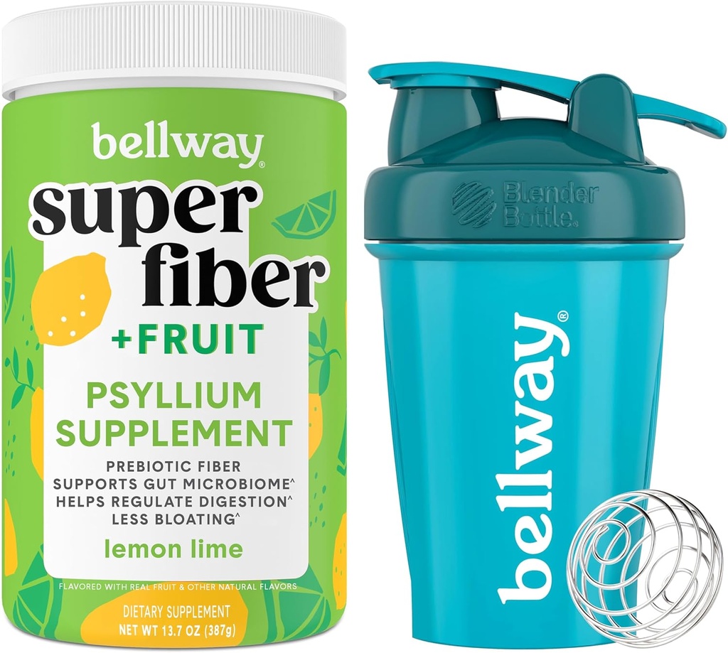 Bellway Super Fiber Powder + Fruit, Lemon Lime Shaker Bottle Bundle
