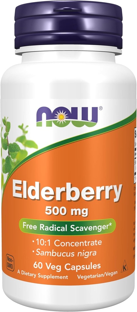 NOW Foods Supplements, Elderberry (Sambucus nigra)500 mg, 10:1 Concentrate, 60 Veg Capsules
