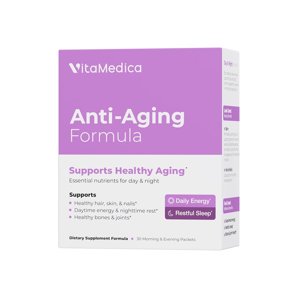 VitaMedica Anti-Aging Formula AM/PM Multivitamin Packets for Women & Men – Supports Radiant Skin, Hair & Nails, Daytime Energy + Nighttime Recovery – 30 Packs