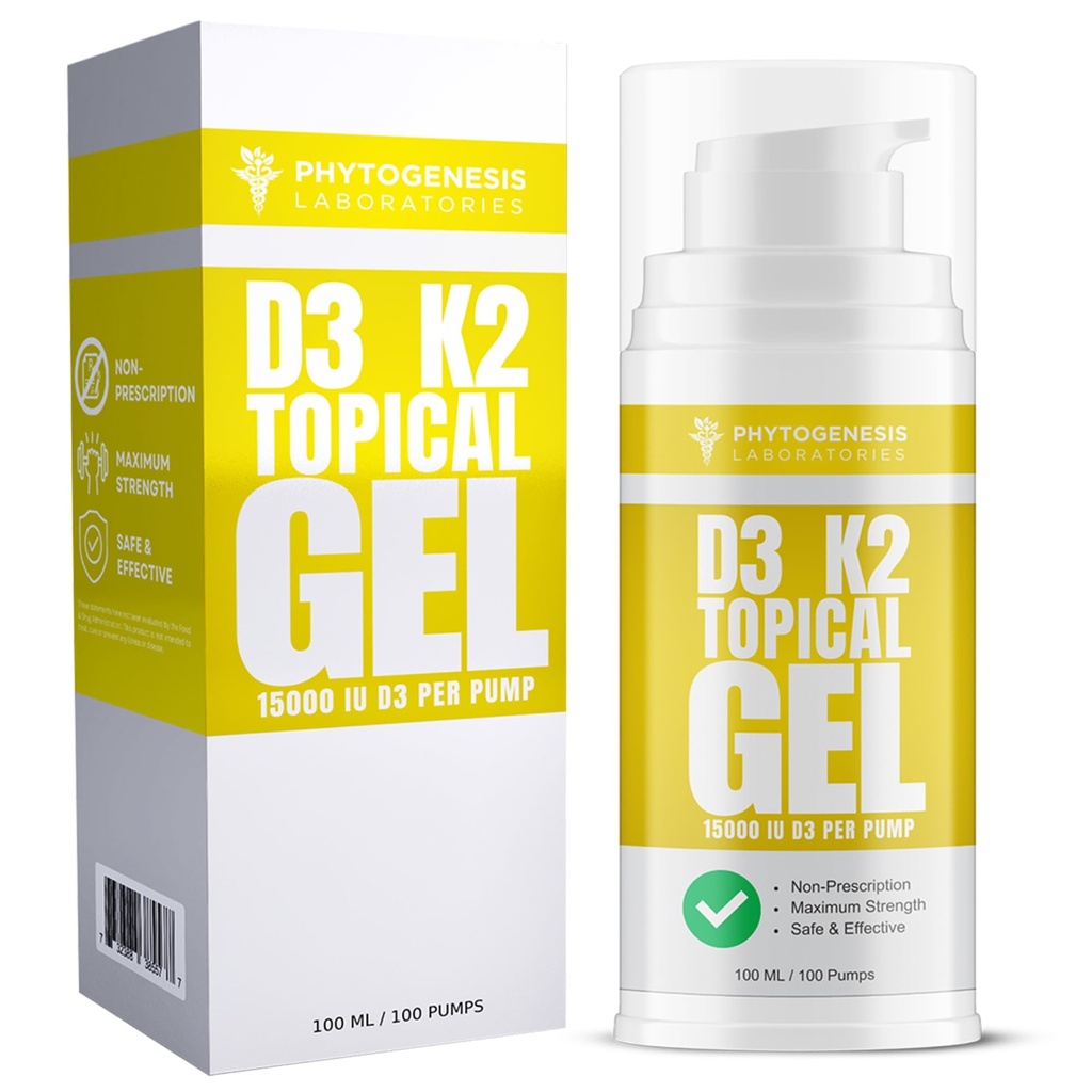 Phytogenesis Vitamin D3 K2 Maximum Strength Topical Gel - 15000+ IU Per Pump - The Sunshine Vitamin - Supports Bone & Joint Health, Immune Support - One Month Supply