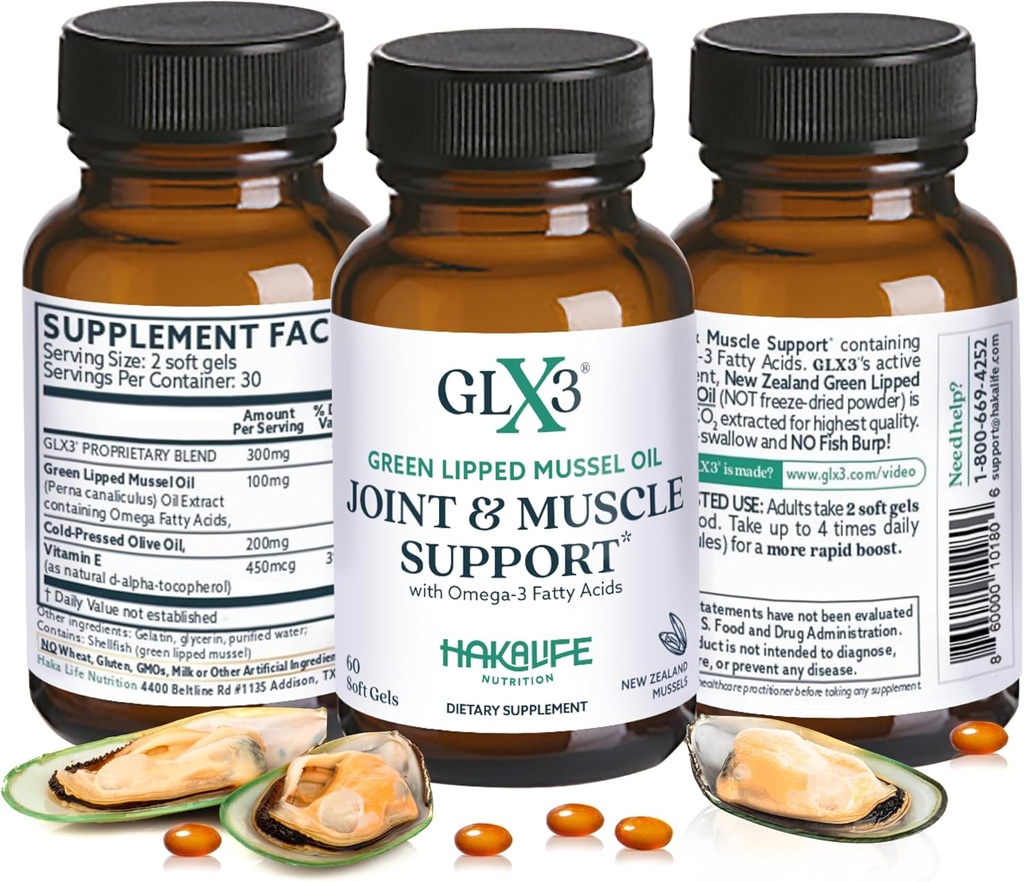GLX3 Extra Strength Green Lipped Mussel Oil Capsules - Long-Lasting Joint Comfort Supplement - Support for Aches, Soreness - Naturally Rich in Omega 3 & Chondroitin Sulfate 180 Tablets