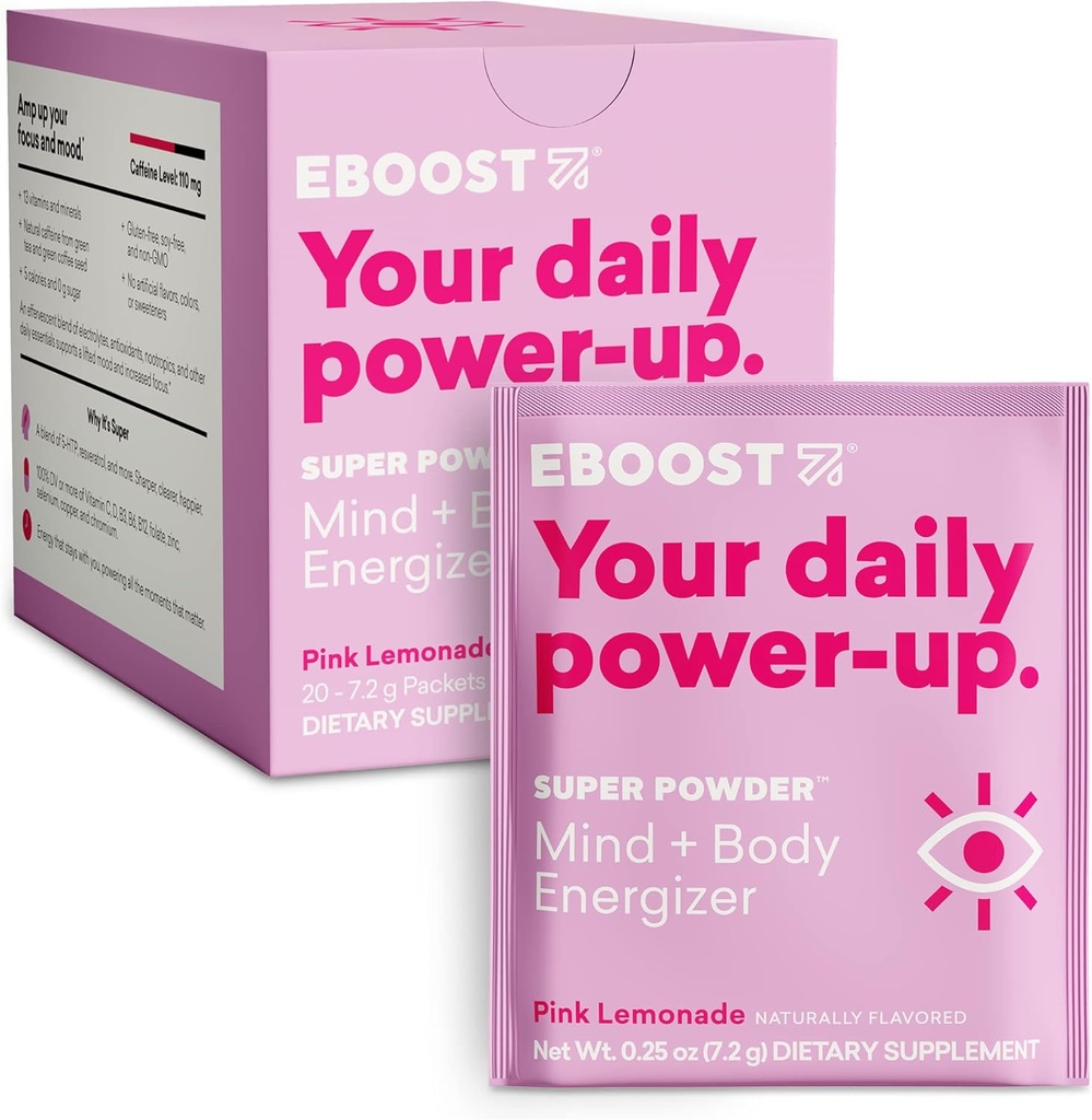 EBOOST Energy Drink & Electrolyte Powder, 20 Packets - Super Powder Pink Lemonade with No Added Sugar - Essential Blend of Vitamins, Nootropics & Natural Caffeine and Hydration - Pre & Post Workout