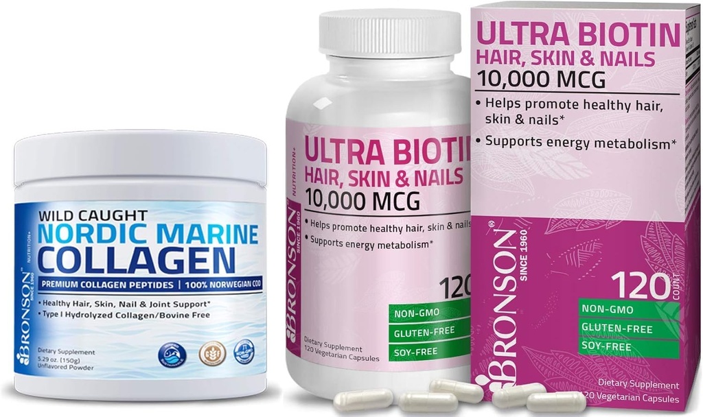Marine Collagen Peptides Hydrolyzed Protein Powder + Ultra Biotin 10,000 Mcg Hair Skin and Nails Supplement