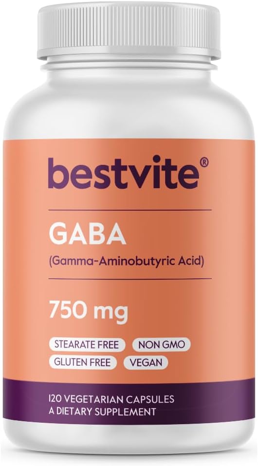 BESTVITE GABA 750mg per Capsule (120 Vegetarian Capsules) - No Stearates - No Fillers - Vegan - Gluten Free - Non GMO