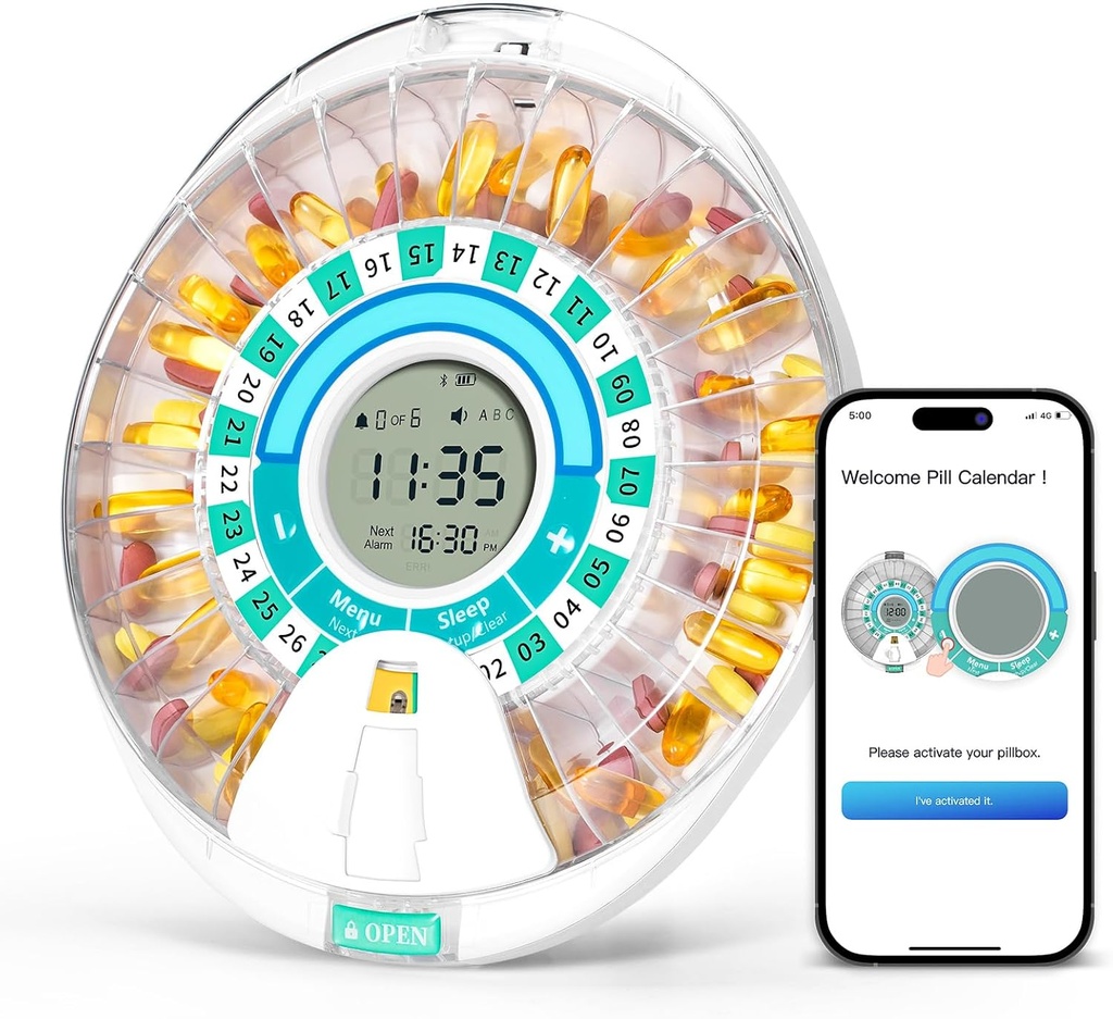 Smart Automatic Pill Dispenser, 28 Compartments Electronic Pill Organizer for any dosage with Light/Sound Alarm, Bluetooth Medication Organizer, Locked Pill Box for Prescriptions and Supplement