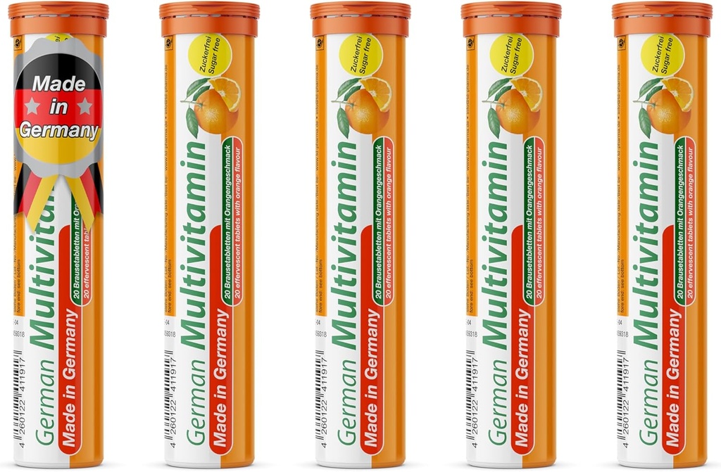 T&D German Multvitamin 10 Vitamins - 100 Vegan Drink Effervescent Tablets - Orange Flavor - Made in Germany
