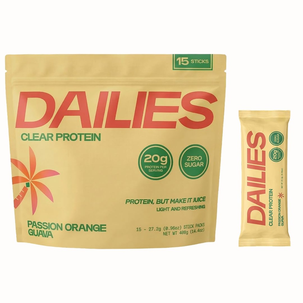 DAILIES Clear Protein Powder, Sugar Free Flavor, 20g Whey Isolate & 100 Calories per Serving, Light & Refreshing Protein Shake Drink Mix for Pre or Post Workout, 15 On the Go Stick Packs (POG)