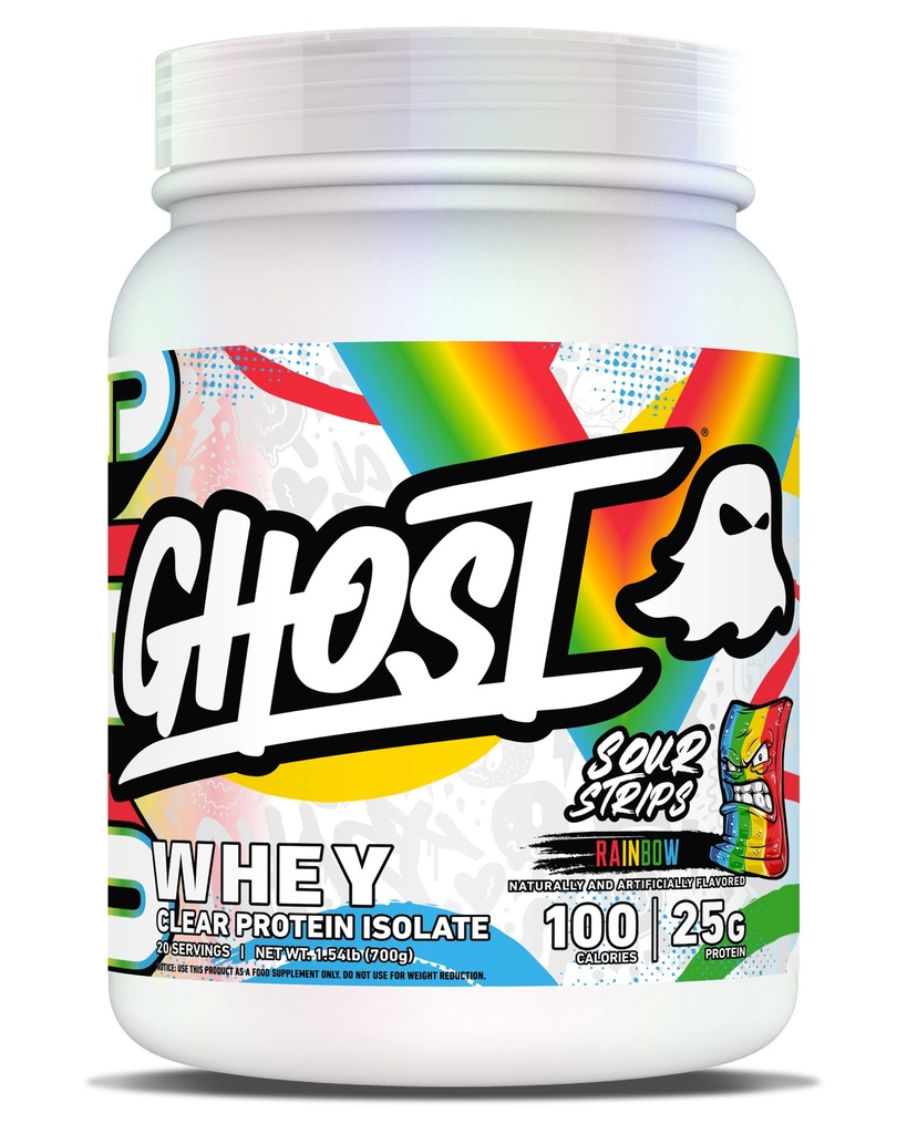GHOST Clear Whey Isolate Protein Powder, Sour Strips - 1.54 LB Tub, 25G of Whey Protein - Post Workout Drink for Muscle Gain & Recovery – Sugar Free, Soy Free & Zero Fat, 20 Servings