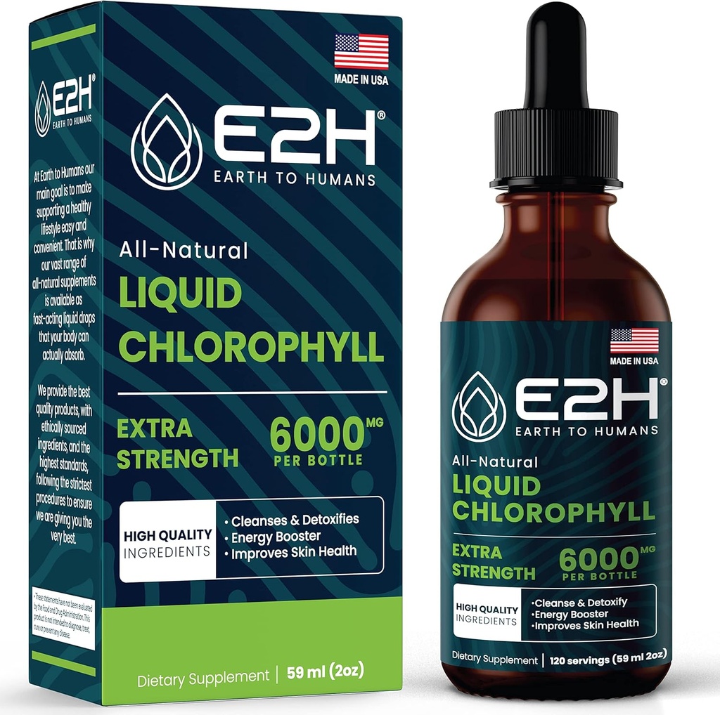 E2H Chlorophyll Liquid Drops - All-Natural Flavored Energy Booster, Immune System Support and Internal Deodorant - Vegan - Gluten Free - Non-GMO - 2 Fl Oz