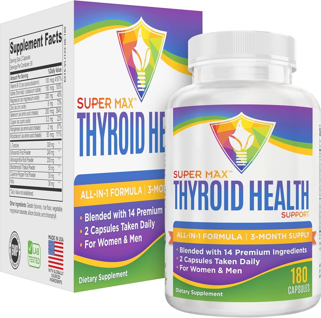 3-Month Thyroid Support Supplement (All-in-1) Formula with 14 Active Ingredients | Thyroid Supplements | Thyroid Health Complex | Thyroid Support for Women & Men | 90-Day Bulk Supply | 180 Capsules