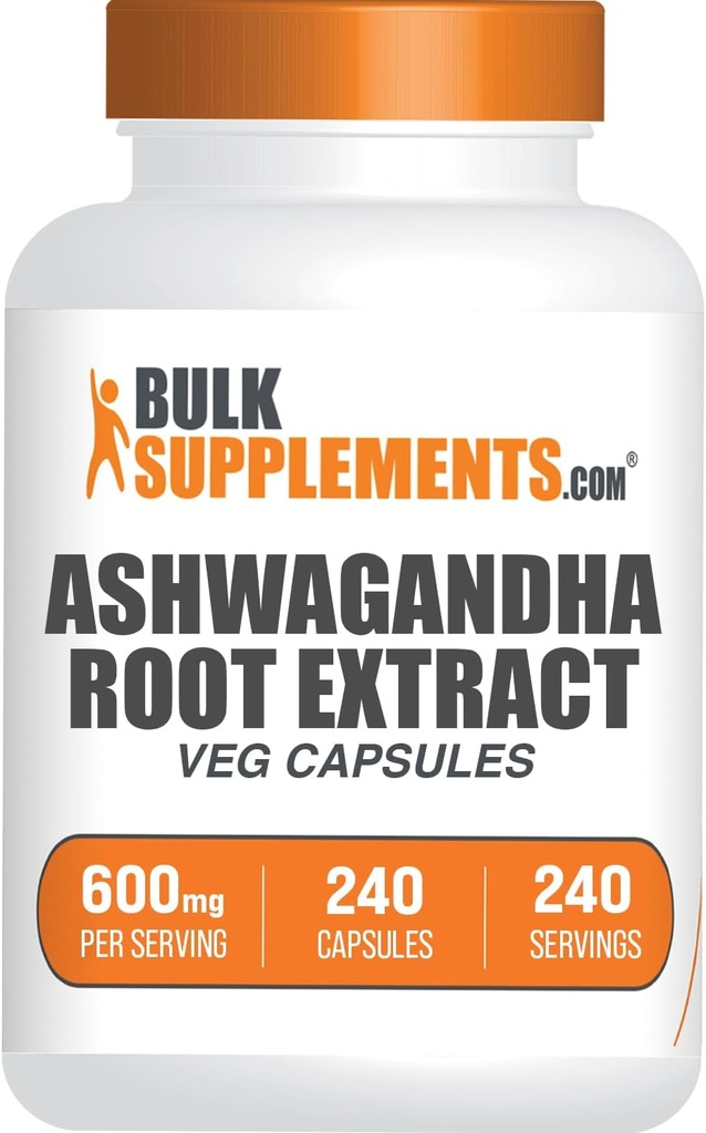 BulkSupplements.com Ashwagandha Root Extract Capsules - Ashwagandha 600mg, Ashwagandha Supplement, Ashwagandha Root Capsules, Vegan & Gluten Free, 1 Capsules per Serving, 240 Veg Capsules