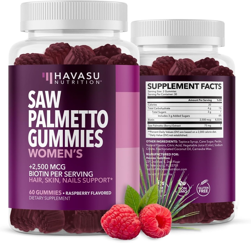 Saw Palmetto for Women with 2500mcg Biotin - DHT Blocker and Hair, Skin, Nail Health Gummies - 60 Count - Supports Stronger and Fuller Looking Locks and Radiant Skin - Vegan, Non-GMO, 1 Month Supply