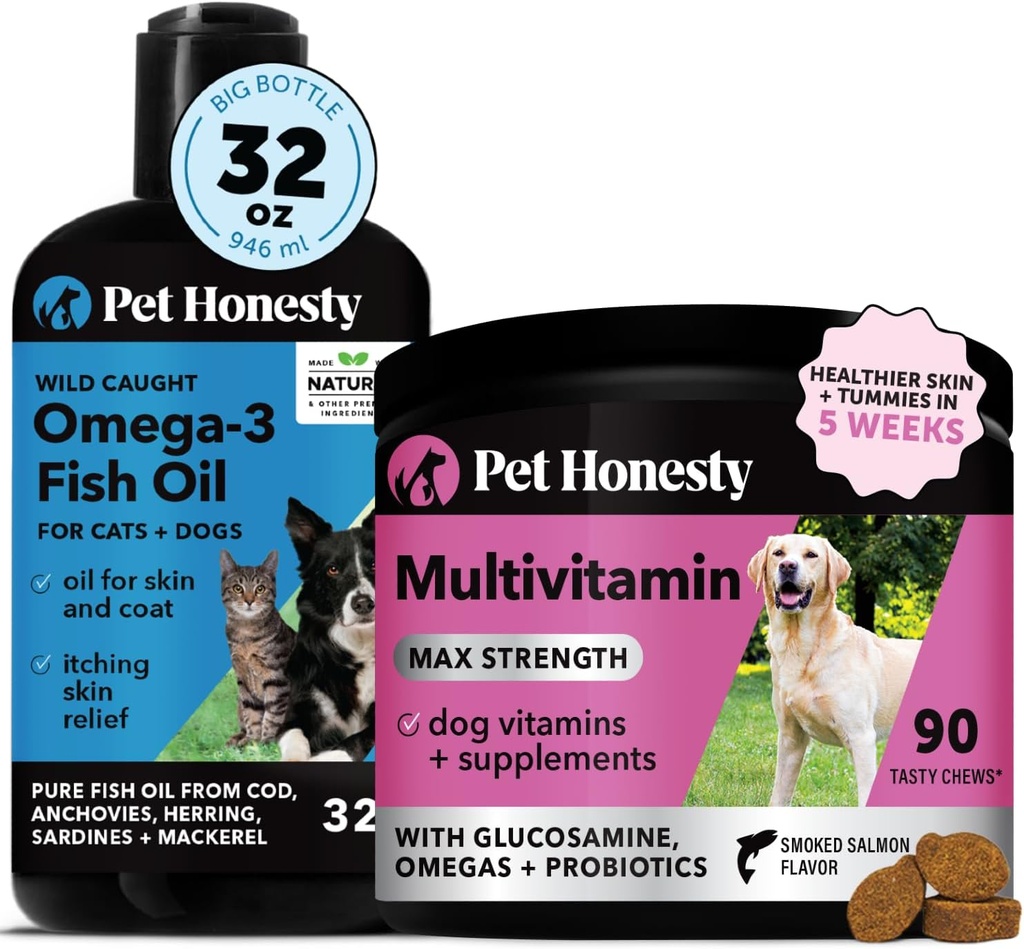 Omega 3 Fish Oil & Multivitamin Max Strength Bundle: Wild Caught Omega 3 Supplement & 15-in-1 Dog Vitamins for Skin, Coat, and Health (32oz)