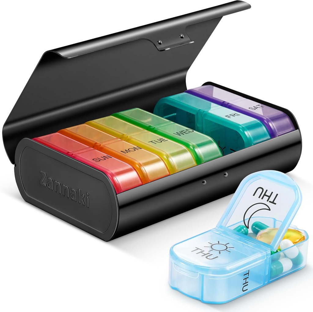 Zannaki Metal XL Weekly Pill Organizer 2 Times a Day, Large Travel Daily Pill Box 7 Day, Portable Week Twice Pill Holder Container, AM PM Pill Case for Medicine Vitamin Medication Supplement, Black