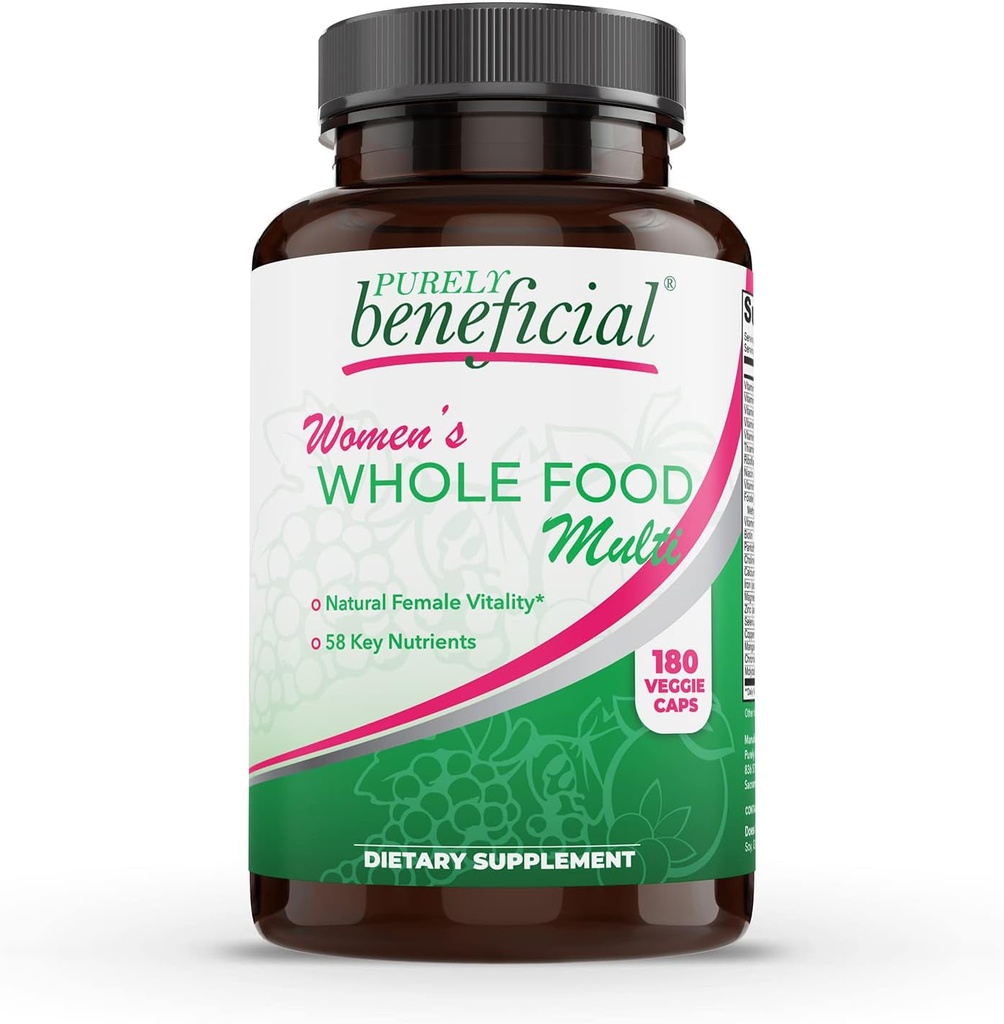 PURELY beneficial Women’s Whole Food MultiVitamin –58 Key Nutrients Including Vitamins, Minerals, Herbs, Probiotics, with Iron, Hair, Skin & Nail Complex for Complete Female Wellness- 180 Capsules