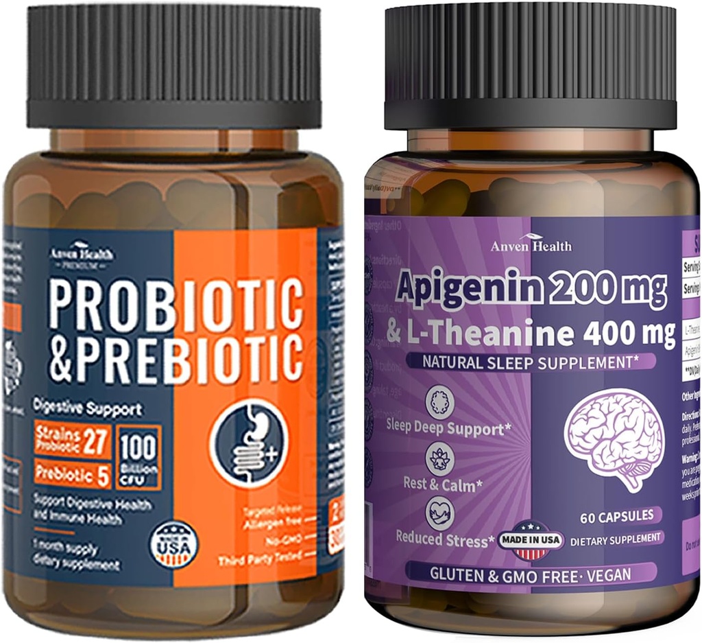 Apigenin 200mg with L-Theanine 400mg + 100 Billion Probiotics - Ultimate Relaxation, Gut & Immune Support Bundle | Vegan, Non-GMO, Zero Fillers丨60 Veggie Caps Each