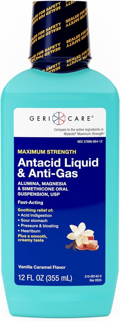 GeriCare Antacid Liquid & Anti-Gas Relief, Maximum Strength for Heartburn, Acid Reflux, Sour Stomach, Pressure & Bloating, Acid Indigestion, & Gas, Vanilla Caramel Flavor, 12 fl oz.
