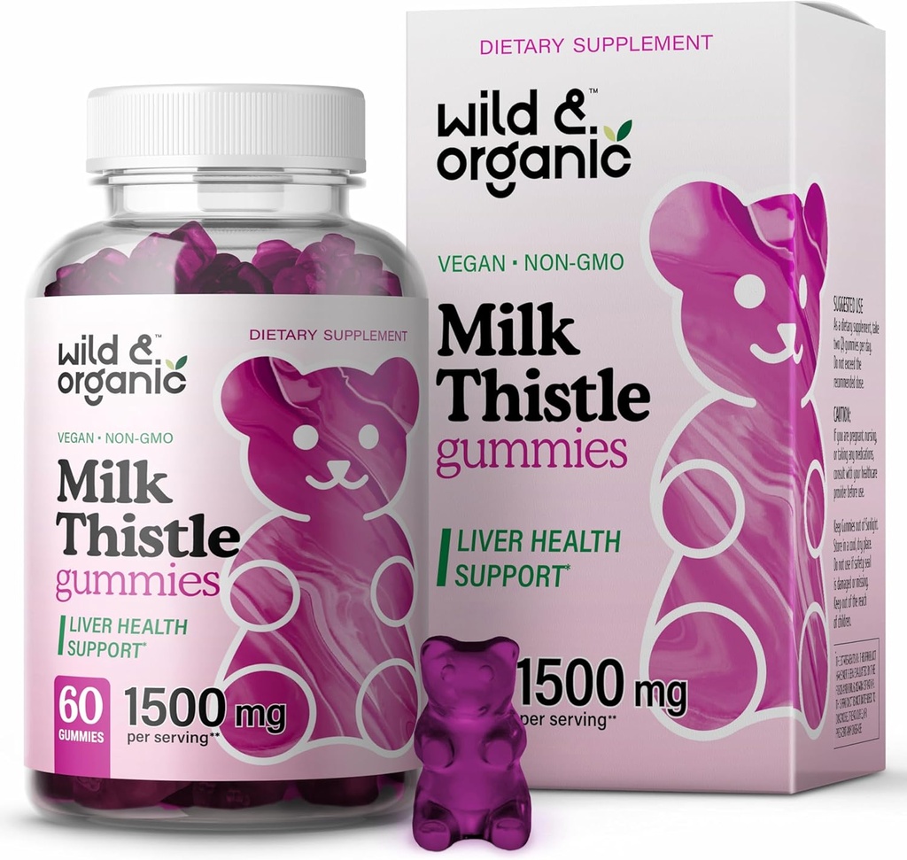 [BRSW22QNAV5A233D] Wild & Organic Milk Thistle Gummies 1500mg - Herbal Supplement for Liver Cleanse Detox - Silymarin Milk Thistle Liver Detox Gummies - 60 Vegan, Non-GMO Chews