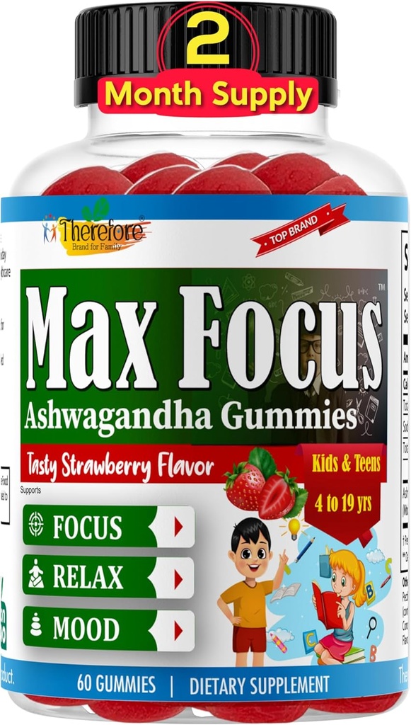 Max Focus Ashwagandha Root Gummies for Kids & Teens, Support Calm Mood, Relaxation, Sleep, Anti Stress, Memory, Energy, Relaxation, Low Sugar Vegan Ashwagandha Gummies Fruity Flavored- 60 Gummies
