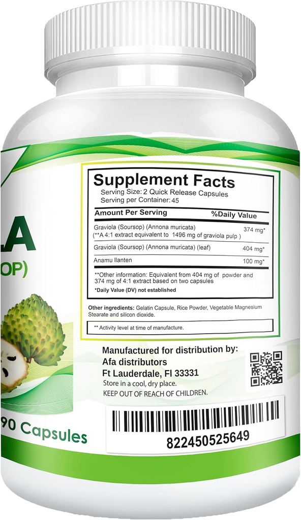Graviola Soursop Guanabana Extract Anamu Llanten Natural Dietary Supplement. Leaf & Fruit Extract 90 Capsules Non-GMO