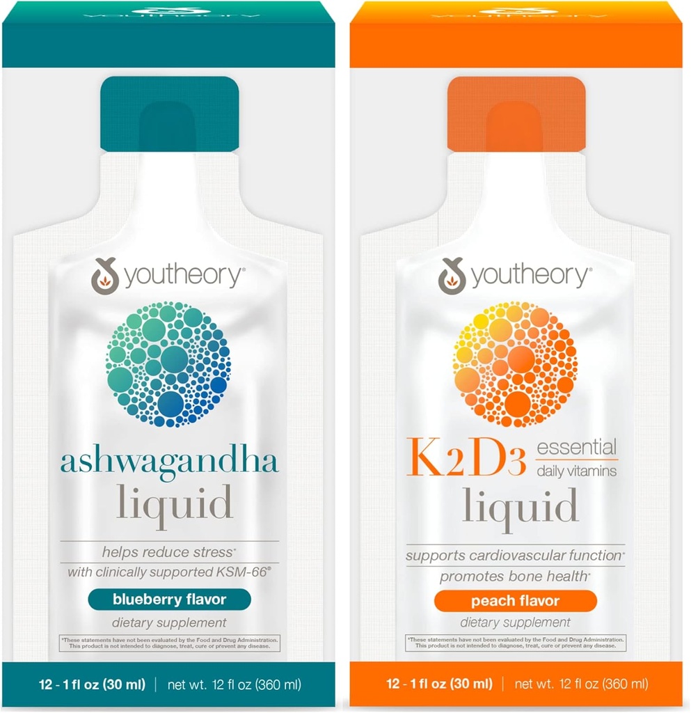 Youtheory Ashwagandha Liquid Blueberry, 12 Single Serving Packets, K2 and D3 Daily Vitamin Liquid Peach, 12 Single Serving Packets