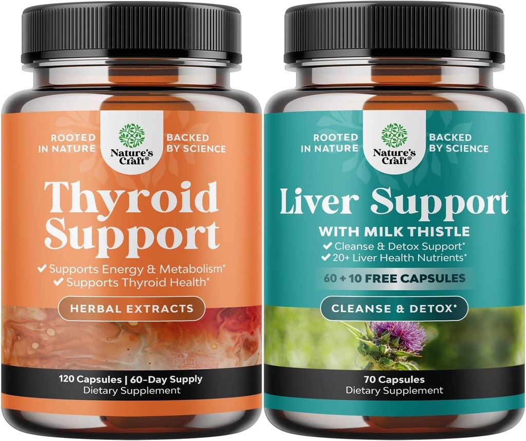 Bundle of Herbal Thyroid Support Complex with L Tyrosine, Bladderwrack, Selenium & Pure Ashwagandha and Liver Cleanse Detox & Repair - Silymarin Milk Thistle with Dandelion Root & Artichoke Extract