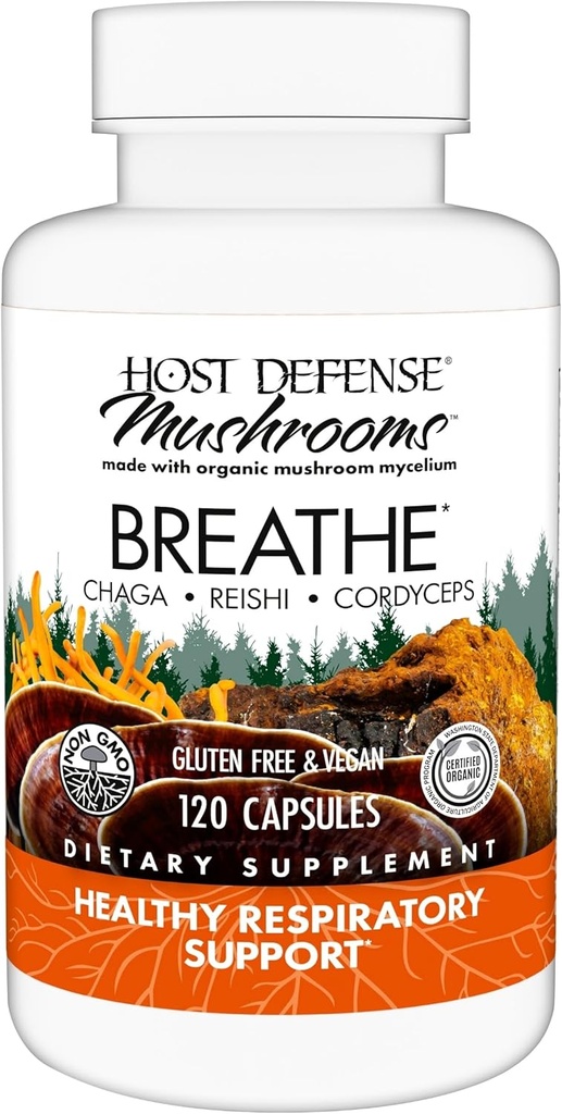 [BRSROBQNO4BR6DL3] Host Defense Breathe* Capsules - Immune & Respiratory Support Mushroom Supplement - Herbal Lung Health Supplement with Chaga, Reishi & Cordyceps - 120 Capsules (60 Servings)*