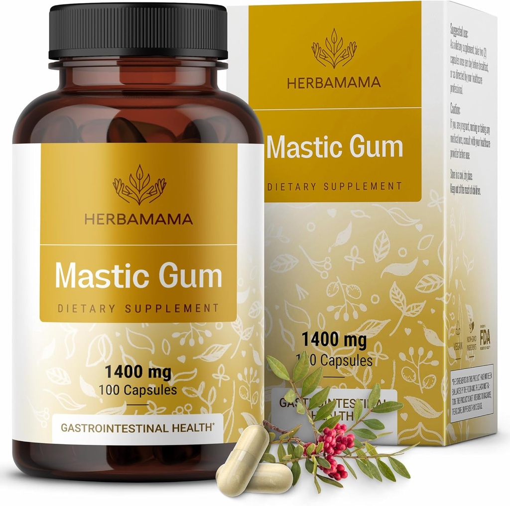 HERBAMAMA Mastic Gum Capsules 1400mg - Gut & Digestive Support with Mastic Gum Supplement - Vegan, Non-GMO Resin Digestion Capsules