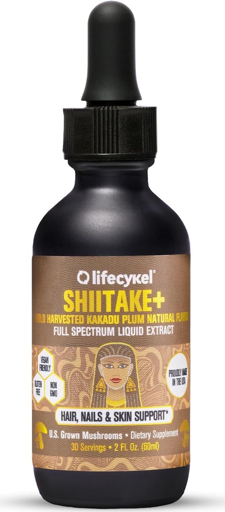 Lifecykel - Shiitake Mushroom Extract with Kakadu Plum- Hair, Skin & Nail Support, Anti Aging Supplement- 100% Organic Mushrooms, Immune Boosting, Vitamin C Made in The US- 2 Fl oz(Packaging May Vary)