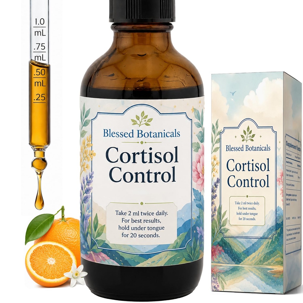 Blessed Botanicals Cortisol Control Drops for Women & Men – 4 OZ, Calm Energy with Gotu Kola Leaf, Schisandra Berry, Sugar Free, 120ml