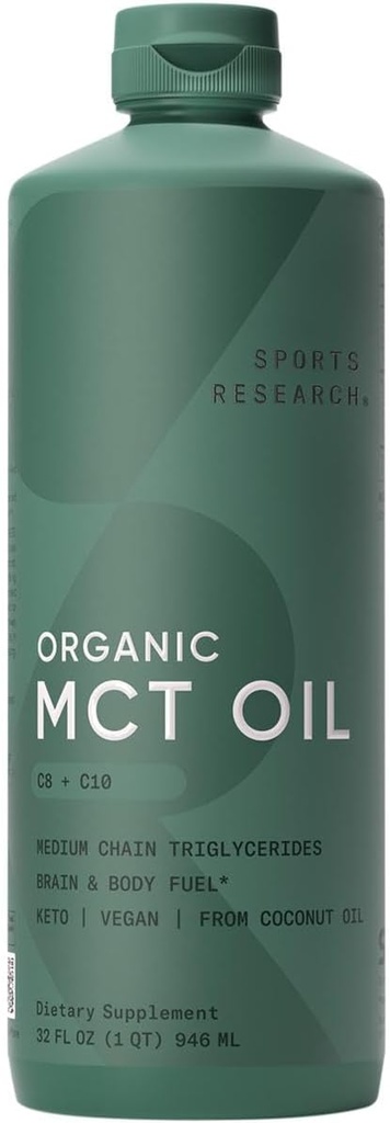 Sports Research Organic MCT Oil - Keto & Vegan MCTs C8, C10 from Coconuts - Fatty Acid Brain & Body Fuel, Non-GMO & Gluten Free - Flavorless Oil, Perfect in Coffee, Tea & Protein Shakes - 32 oz