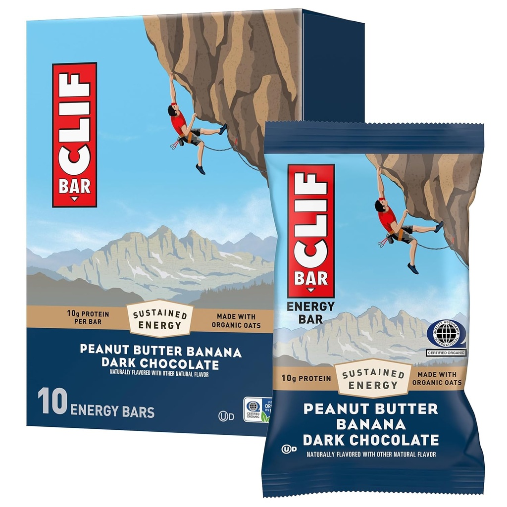 CLIF BAR - Peanut Butter Banana with Dark Chocolate Flavor - Made with Organic Oats - Energy Bars - Non-GMO - Plant Based Protein Bars (10 Pack)