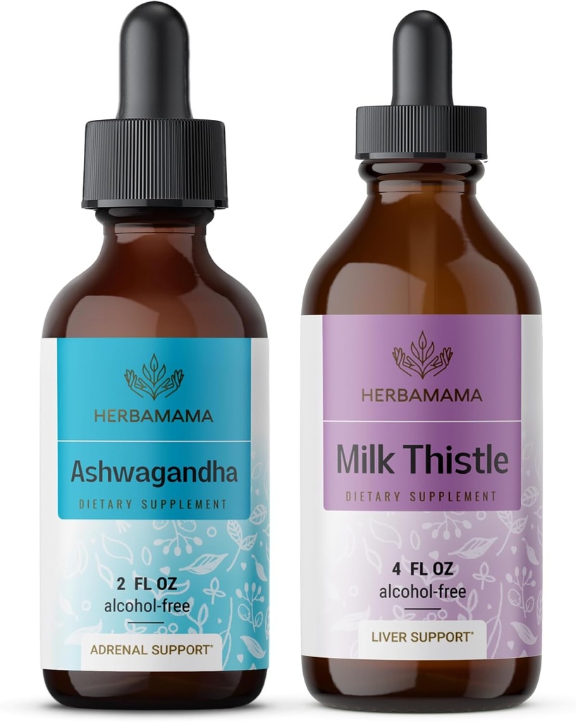 HERBAMAMA Herbal Liquid Drops Kit - Bundle of Ashwagandha Root Tincture 2 fl oz & Milk Thistle Extract 4 fl oz - Vegan, Non-GMO, Sugar & Alcohol-Free - 2 Pack