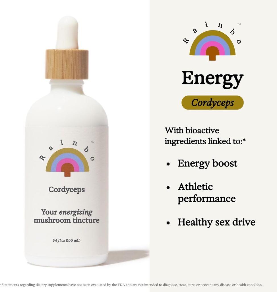 Rainbo - Cordyceps Mushroom Tincture - Dual Extract Mushroom Supplement - Immune Support, Energy, Liquid Cordyceps Supplement, Vegan, Non GMO, 3.4 fl oz