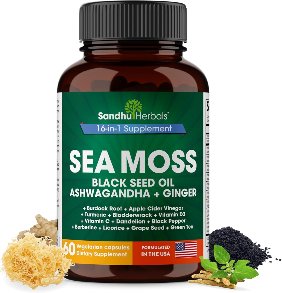 Sea Moss Capsules with Black Seed Oil Ashwagandha Ginger Burdock Root | Advanced Seamoss 60 Count | All Men Women Age