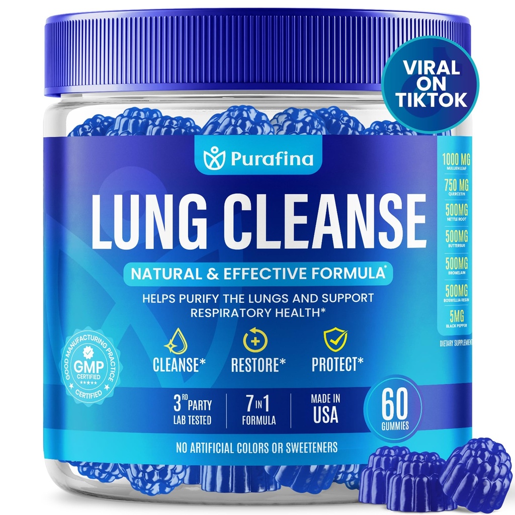 Purafina Lung Cleanse Gummies - 7-in-1 Respiratory Lung Health - Organic Mullein Leaf Extract 1000mg, Quercetin, Nettle Root, Boswellia Resin, Bromelain Lung Detox Supplement - Non GMO (60 Gummies)