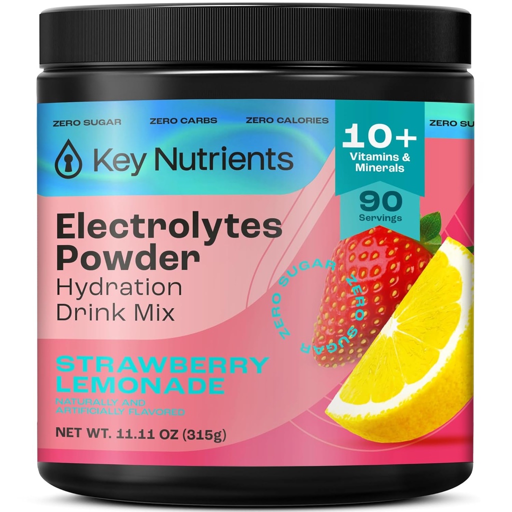 [BRSRMAY6C57Q233K] KEY NUTRIENTS Electrolytes Powder No Sugar - Juicy Strawberry Lemonade Electrolyte Powder - Hydration Powder - No Calories, Gluten Free Keto Electrolytes Powder - 90 Servings - Made in USA