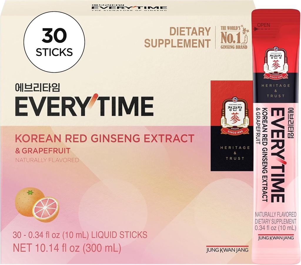 Everytime Korean Red Ginseng Extract Stick 1,000mg & Grapefruit - Vegan Ginseng Root Energy Drink Liquid Stick Supplements - Builds Stamina & Immunity, No Caffeine (30 Sticks)