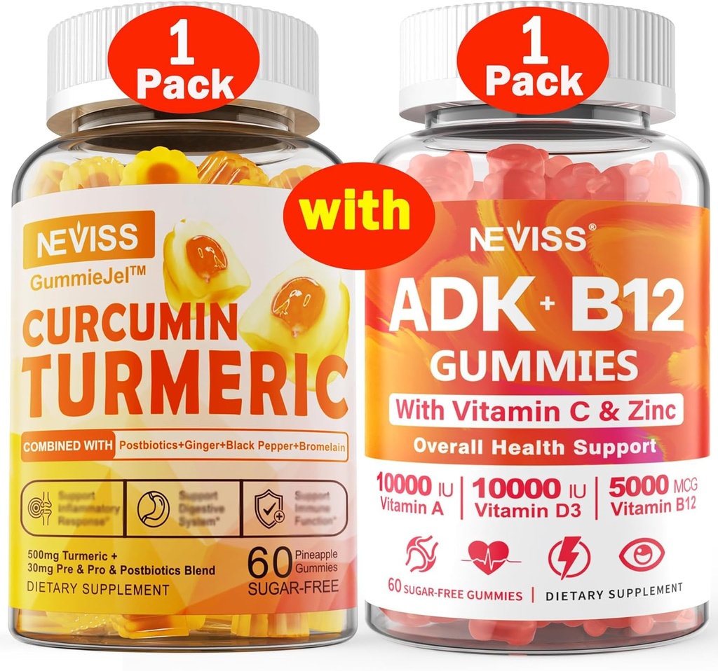 1Pack Turmeric Curcumin Filled Gummies + 1Pack Vitamin ADK with B12 Gummies