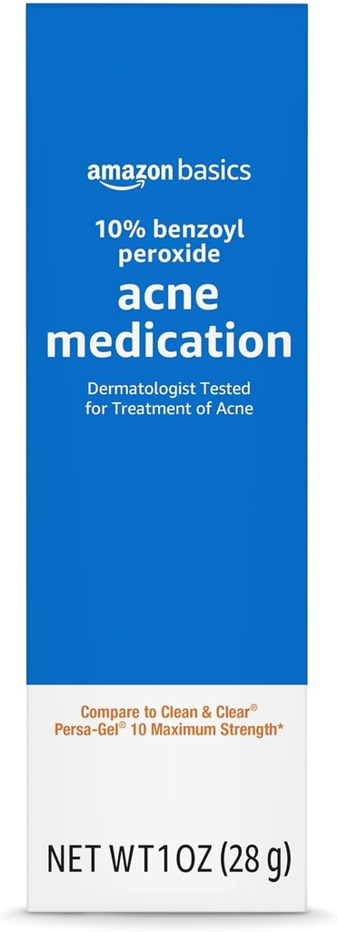 Amazon Basics 10% Benzoyl Peroxide Acne Medication, Maximum Strength, 1 Fluid Ounce Face Gel