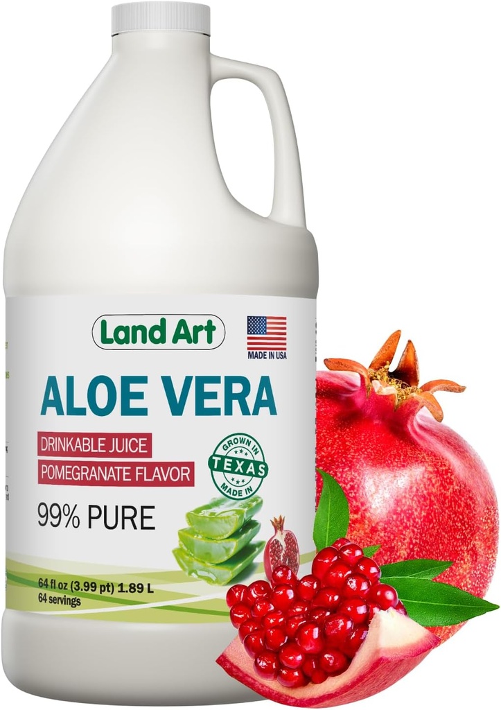 [BRSRO2QTBYIGGCLL] Land Art Pure Aloe Vera Juice - Pomegranate Flavored - Cold-Processed - Inner Filet from Organic Fresh Leaves from Texas - Aid- 64 fl oz