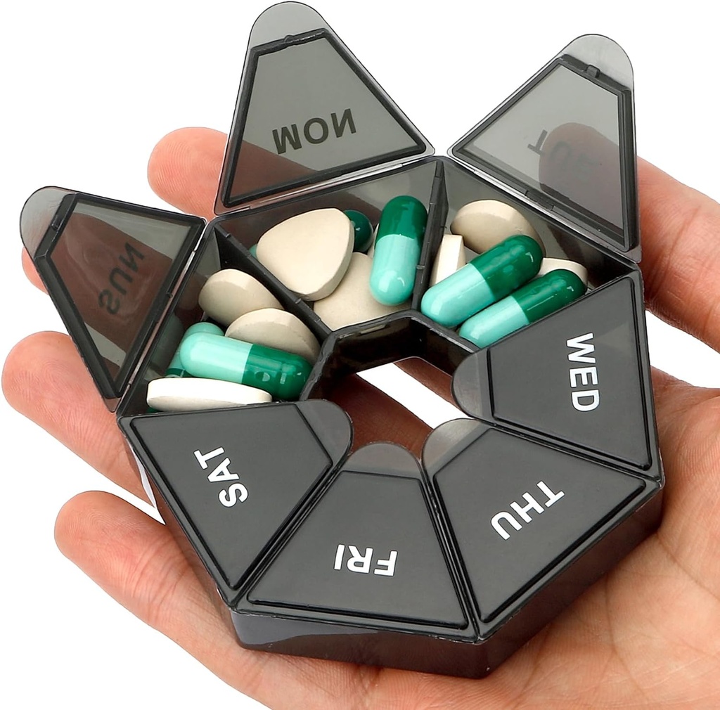 Pill Organizer, Pill Box, Small Pill Case, Medicine Pill Organizer 1 Time a Day, Weekly Pill Organizer, Pill Container, Pill Holder, Daily Pill Organizer Travel Pill Organizer 7 Day (Black)