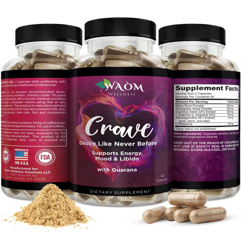 Crave – Women’s Desire Booster with Maca, Ashwagandha & L-Theanine – Natural Energy, Mood & Hormone Balance Support – 60 Vegan Capsules