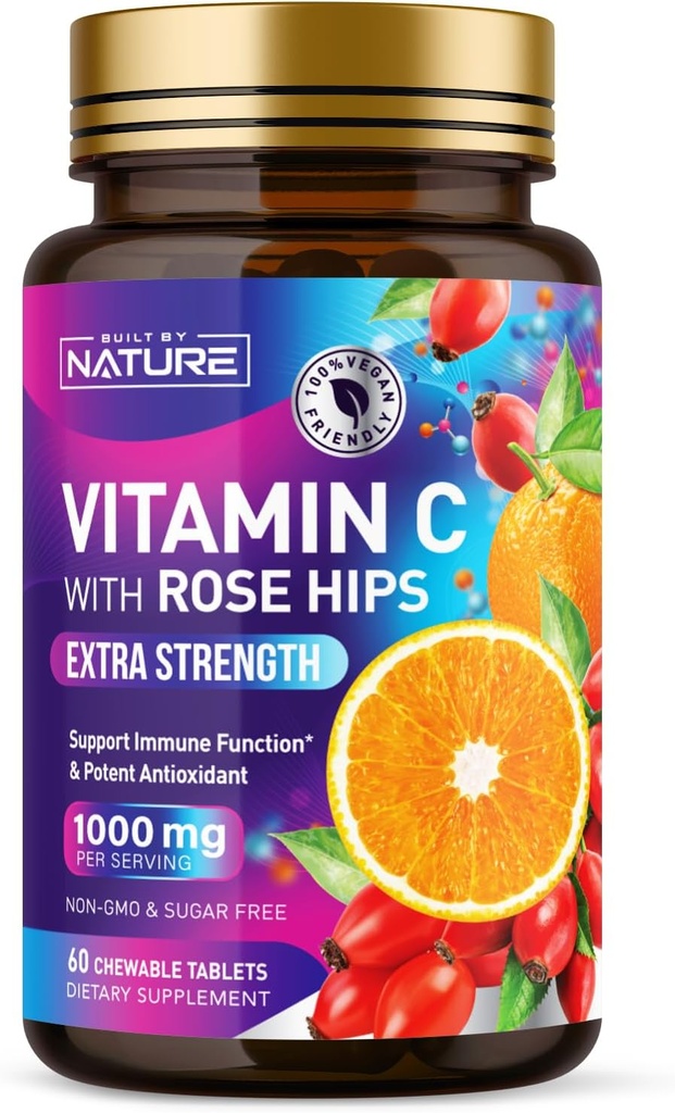 Built by Nature Chewable Vitamin C with Rose HIPS - 1000mg Immune Support Supplement - Non-GMO, Gluten-Free, Vegan - Powerful Antioxidant for Energy & Collagen Boost - Orange Flavor – 60 Tablets